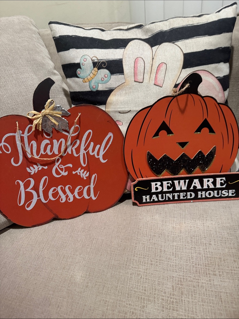 Orange 'Thankful & Blessed' Wooden Pumpkin Wall Sign - Home decor for doors,wall